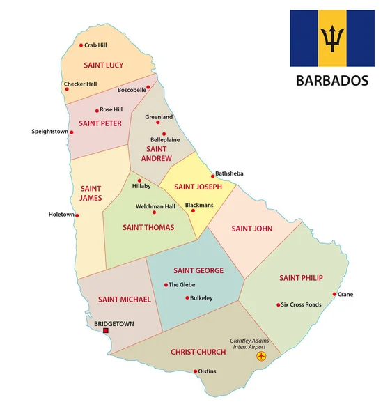 Mappa amministrativa e politica delle Barbados con bandiera — Vettoriale Stock