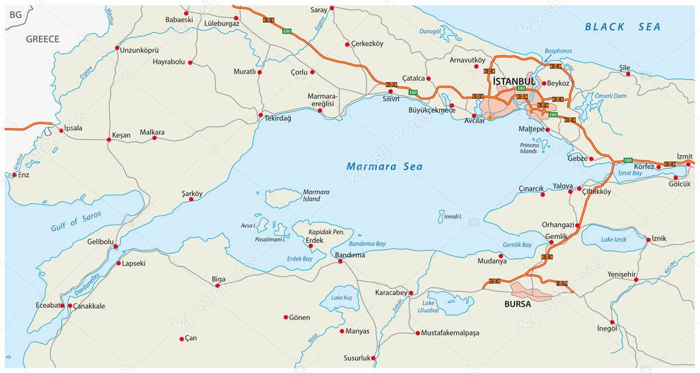 Road map marmara sea with istanbul
