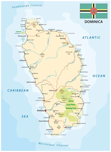 Mapa de ruta de Dominica con bandera, Antillas Menores — Vector de stock