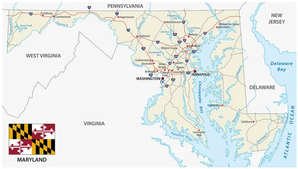 Maryland Federal State Road Map mit Flagge — Stockvektor