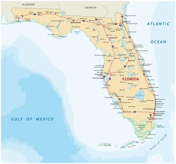 Carte routière de la Floride avec parcs nationaux — Image vectorielle