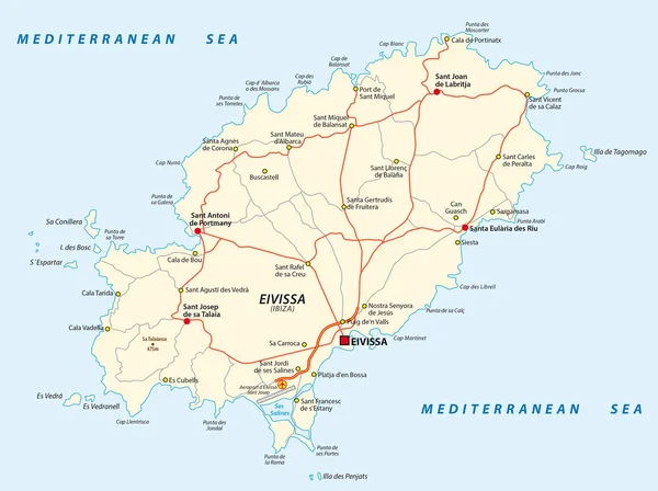 Peta jalan dari Laut Mediterania Spanyol Eivissa - Stok Vektor
