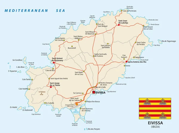 Hoja de ruta del Mar Mediterráneo Español Eivissa con bandera — Archivo Imágenes Vectoriales