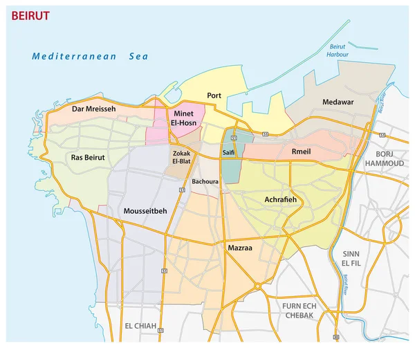 Carte routière, administrative et politique de la capitale libanaise Beyrouth — Image vectorielle