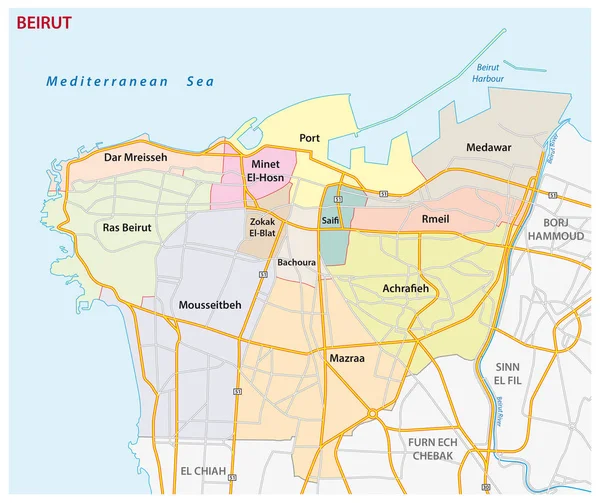 Mappa stradale, amministrativa e politica della capitale libanese Beirut — Vettoriale Stock