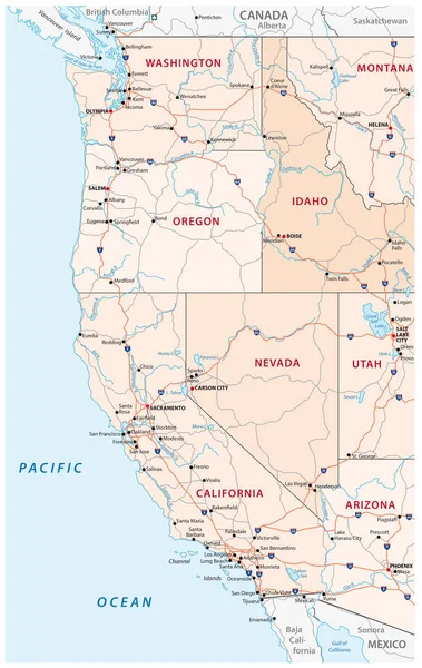 Carreteras, mapa político y administrativo del oeste de los Estados Unidos de América — Archivo Imágenes Vectoriales