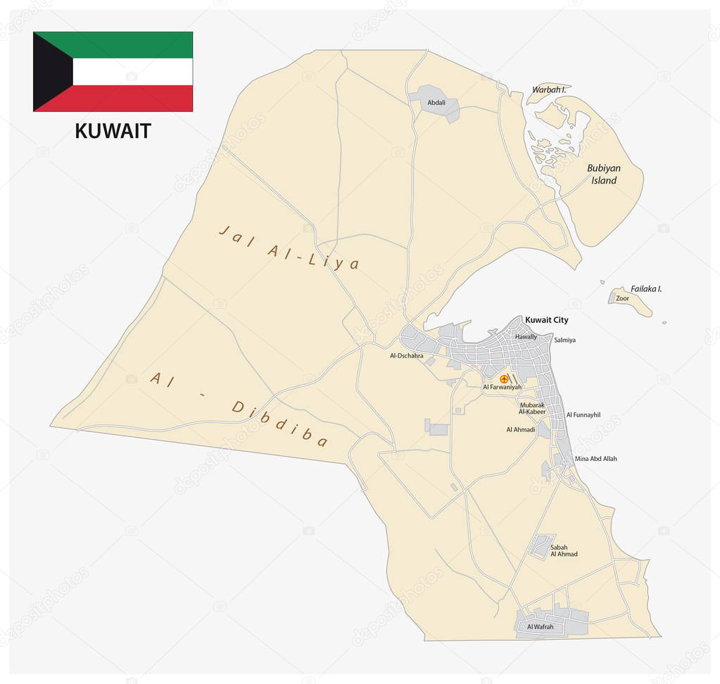 Vector road map of the state Kuwait with Flag
