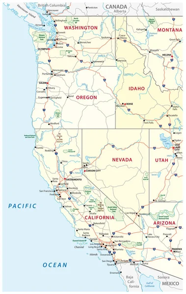 Carreteras, mapa político y administrativo del oeste de los Estados Unidos de América con Parques Nacionales — Archivo Imágenes Vectoriales