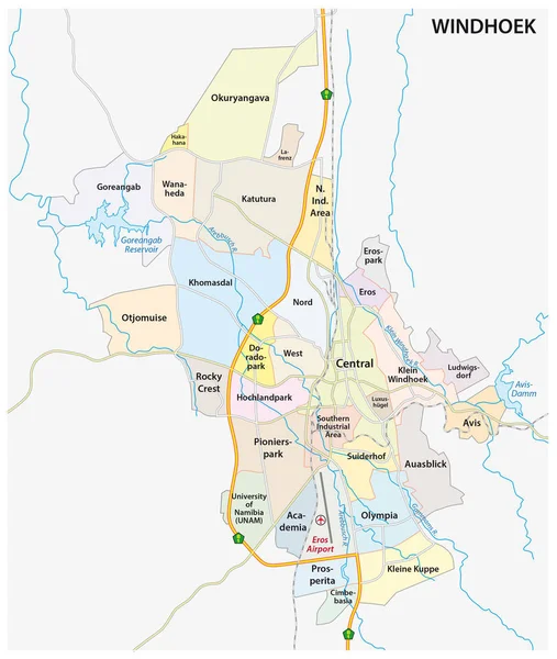 Дороги, адміністративно-політичній карті столиці Намібії Віндгук — стоковий вектор