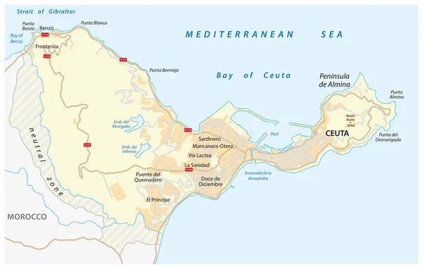 Дорожная карта испанского анклава ceuta на африканском континенте — стоковый вектор