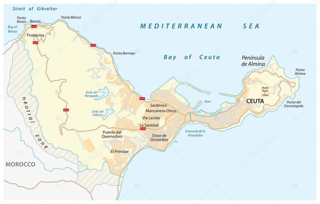 Road map of the Spanish enclave ceuta on the African continent