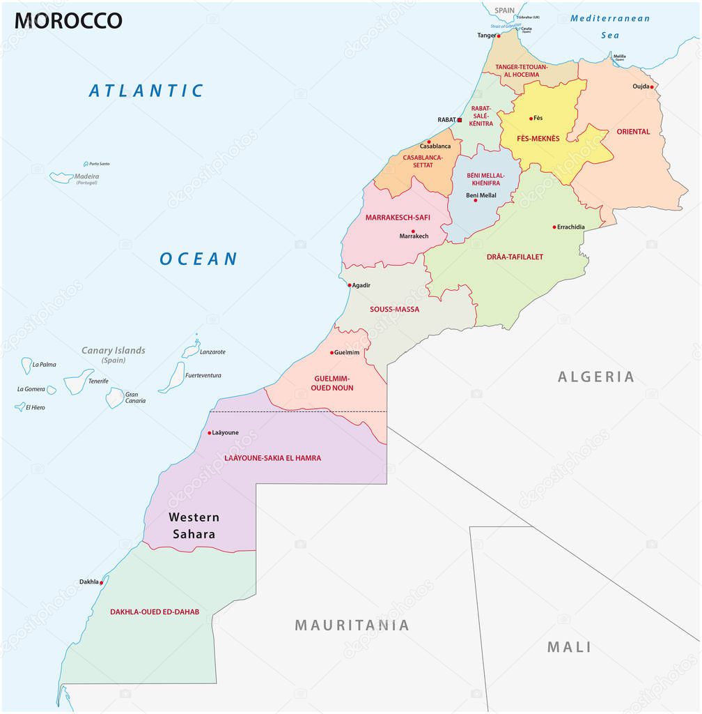 New administrative and political map of the twelve regions of the Kingdom of Morocco 2015
