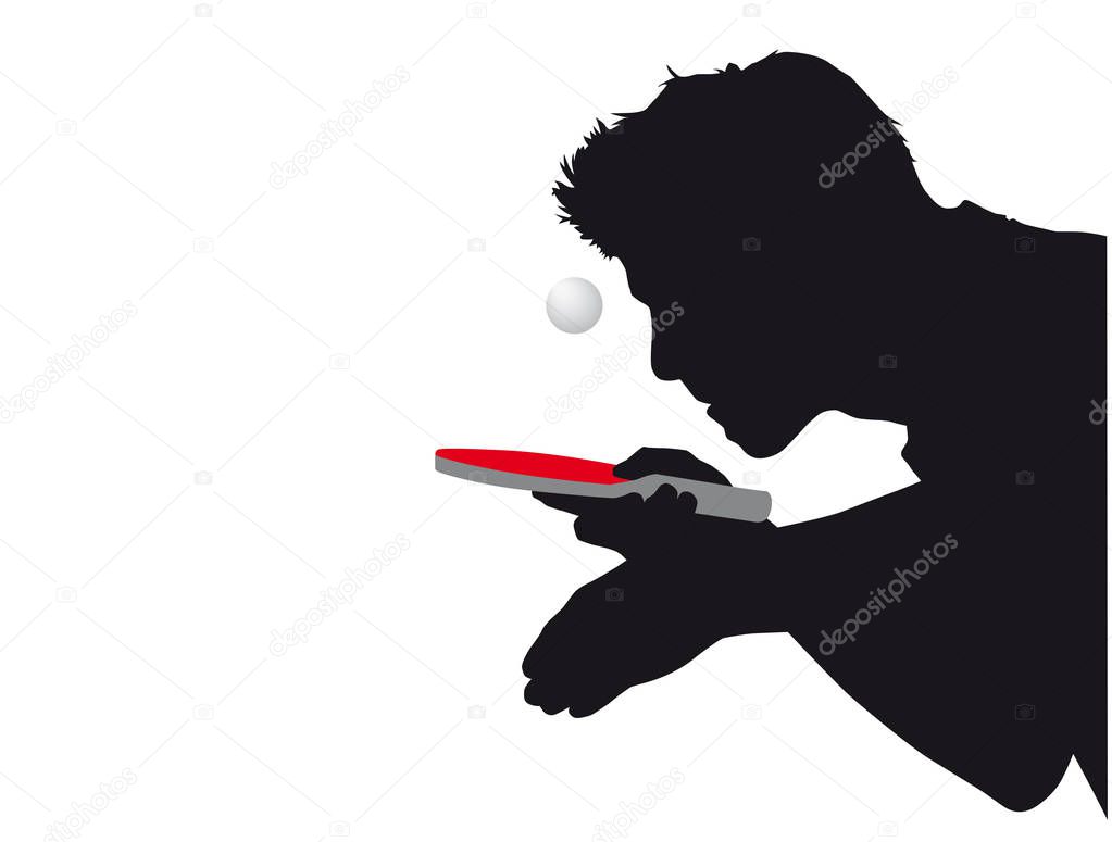 Silhouette of a table tennis player with red racket and ball