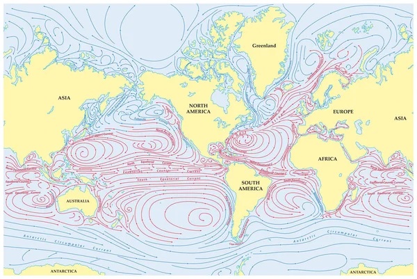 Mapa mundial vectorial de todas las corrientes marinas — Archivo Imágenes Vectoriales