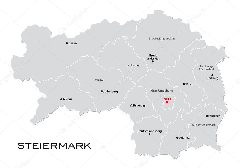 Administrative and political map of the Austrian state of Styria