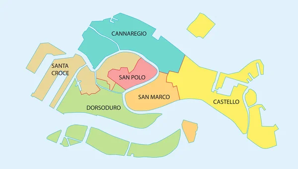 Mapa general de los seis distritos históricos de Venecia, Italia — Archivo Imágenes Vectoriales