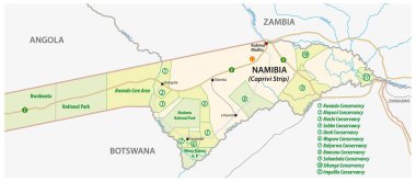 National park and conservancy map of the Caprivi Strip in the north east of Namibia clipart