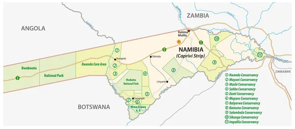 Nationalpark und Naturschutzkarte des Caprivi-Streifens im Nordosten Namibias — Stockvektor