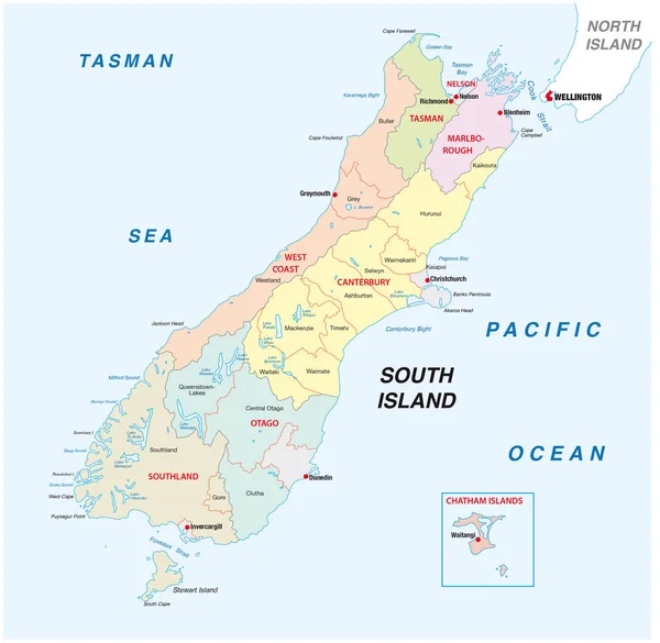 Nova Zelândia Mapa administrativo e político de South Island —  Vetores de Stock