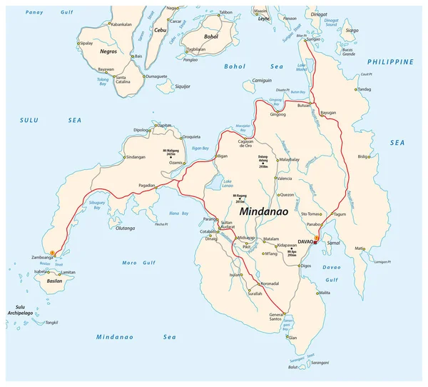 Mappa stradale della seconda isola più grande delle Filippine Mindanao — Vettoriale Stock