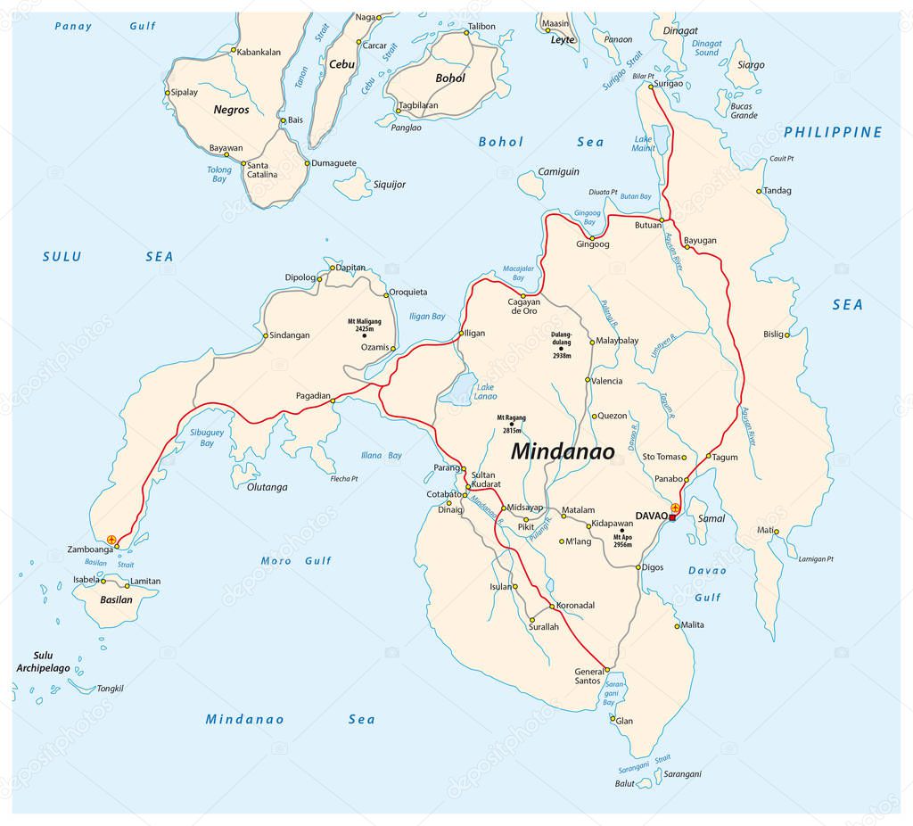 Road map of the second largest Philippine island Mindanao