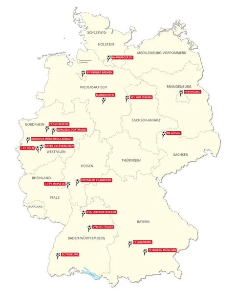 Mapa con los dieciocho clubes de la primera liga de fútbol alemana 2017-2018 — Archivo Imágenes Vectoriales