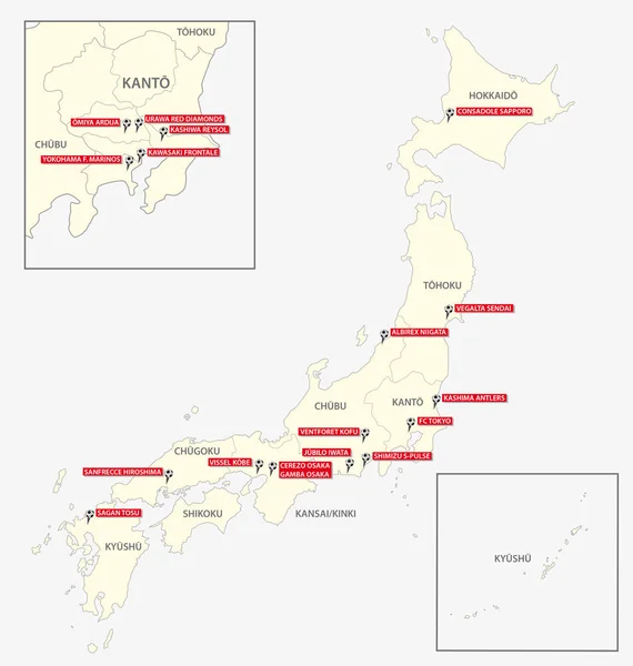 Mapa com os dezoito clubes da primeira liga de futebol do Japão 2017-2018 —  Vetores de Stock