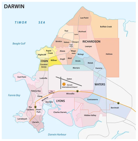 Darwin mapa rodoviário, administrativo e político —  Vetores de Stock