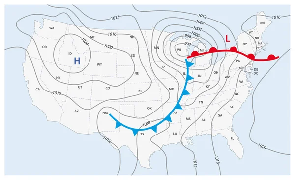 Wyimaginowany mapa pogody w Stany Zjednoczone Ameryki — Wektor stockowy