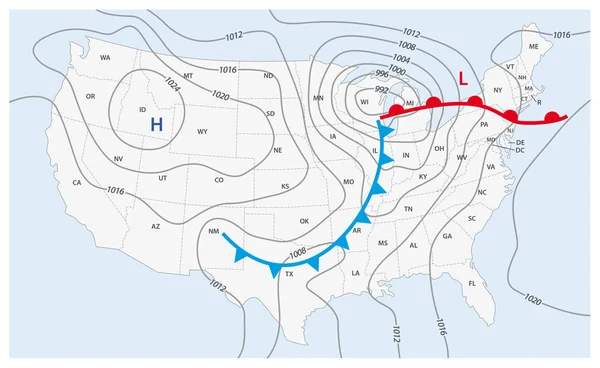 Imaginární povětrnostní mapa Spojených států amerických — Stockový vektor