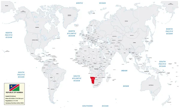 Mapa do mundo com Namíbia, pequena caixa de informações e bandeira — Vetor de Stock