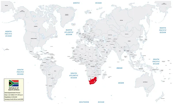 Mappa del mondo con la Repubblica del Sudafrica, piccola casella informativa e bandiera — Vettoriale Stock