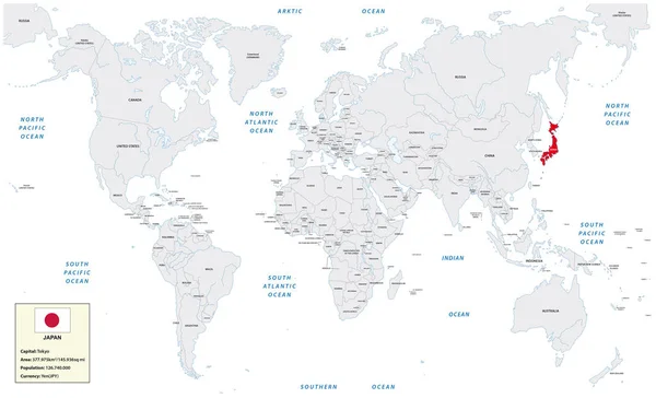 Mapa do mundo com Japão, pequena caixa de informações e bandeira —  Vetores de Stock