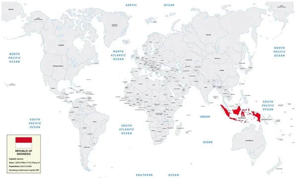 Παγκόσμιος Χάρτης με Δημοκρατίας της Ινδονησίας, μικρές πληροφορίες κουτί και σημαία — Διανυσματικό Αρχείο