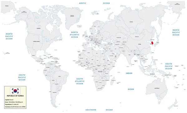 Mapa del mundo con República de Corea, pequeño cuadro de información y bandera — Archivo Imágenes Vectoriales