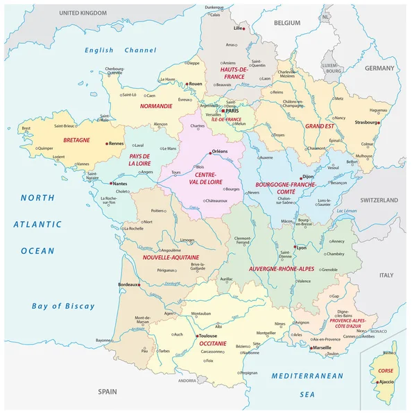 Mapa de Francia con las nuevas regiones y las ciudades y ríos más importantes — Archivo Imágenes Vectoriales