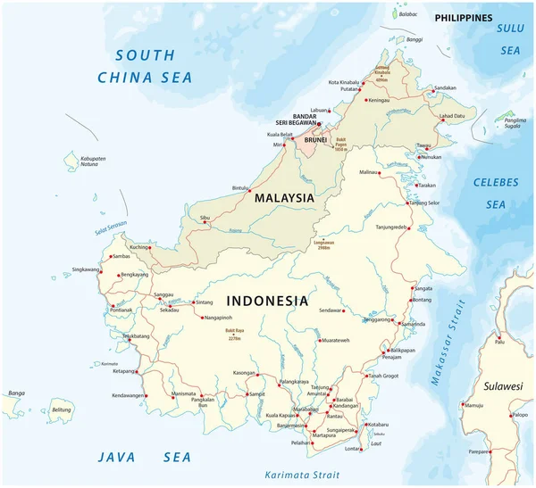 Mappa stradale vettoriale dell'isola del Borneo, Kalimantan — Vettoriale Stock