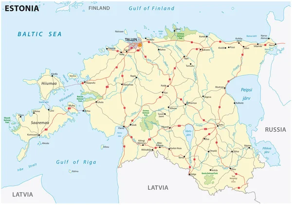 Estonia mapa de carreteras y parques nacionales — Vector de stock