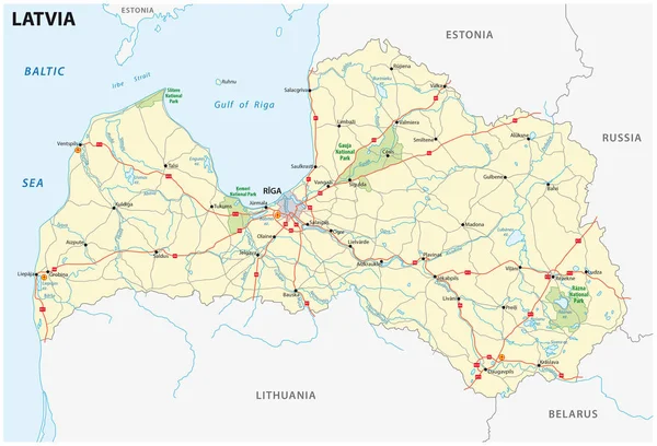 Letonia mapa de carreteras y parques nacionales — Vector de stock