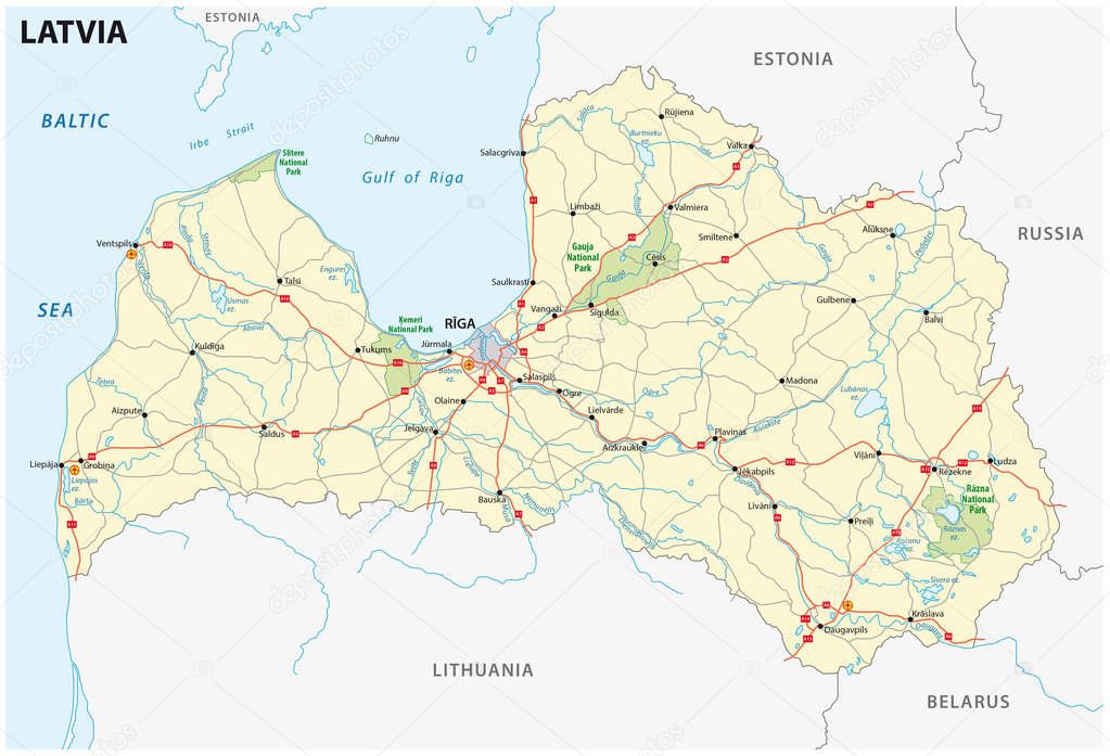 Latvia road and National Park map