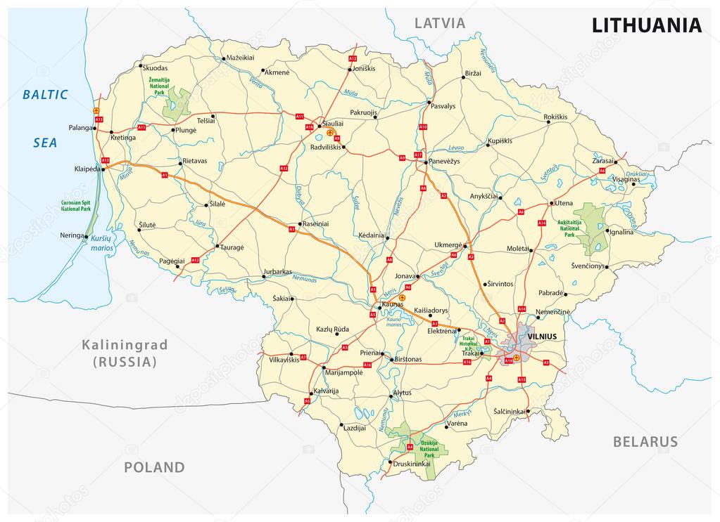 Lithuania road and national park map