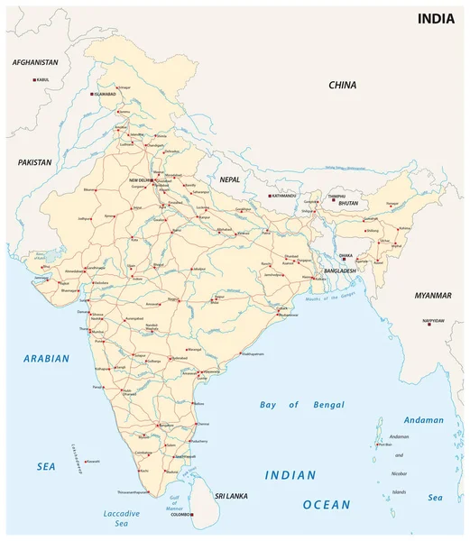 Indien Roadmap mit den wichtigsten Städten — Stockvektor