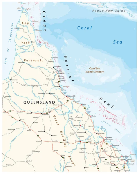 Road map of the cap york peninsula with the great barrier reef, Queensland, Australia — Stock Vector