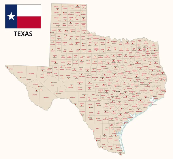 Texas hartă vectorială administrativă și politică cu steag — Vector de stoc