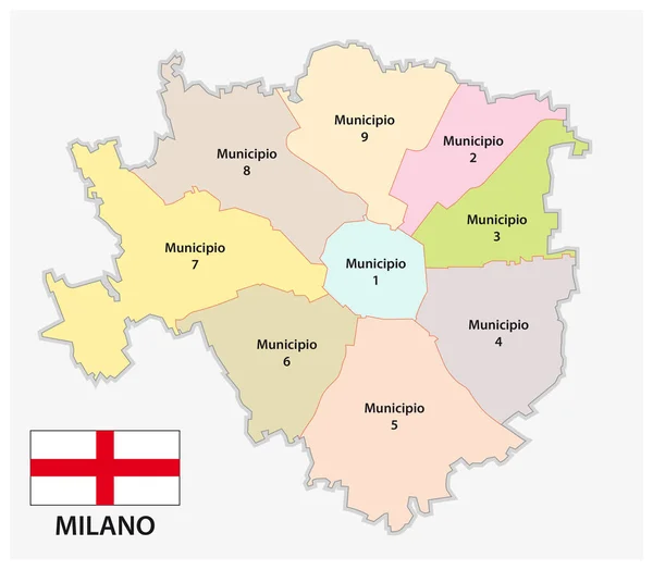 Mappa amministrativa e politica del capoluogo lombardo Milano con bandiera — Vettoriale Stock