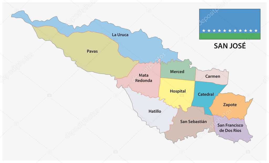 Administrative and political map with flag of San Jose, Costa Rica