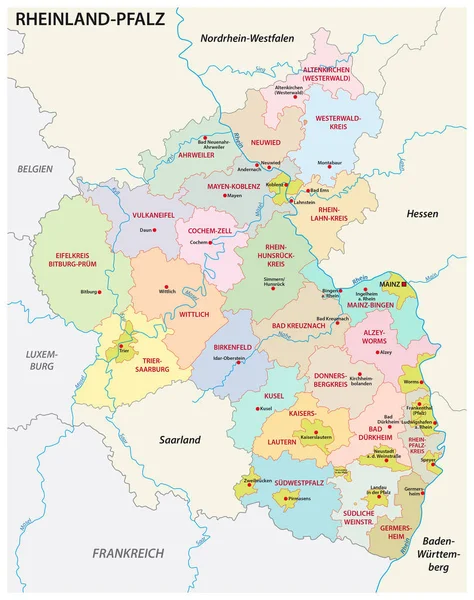 在语言中德国莱茵兰-普法尔茨行政和政治地图 — 图库矢量图片