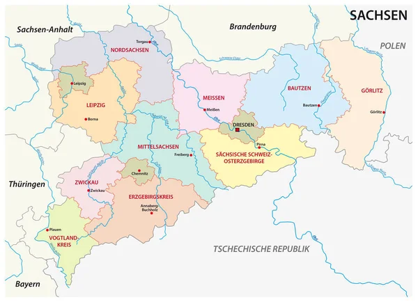 Sachsens Verwaltungs- und Politikkarte in deutscher Sprache — Stockvektor