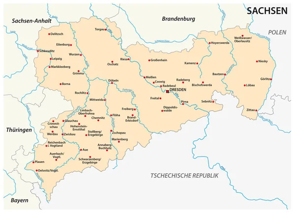 Karte des Bundeslandes Sachsen mit den wichtigsten Städten in deutscher Sprache — Stockvektor