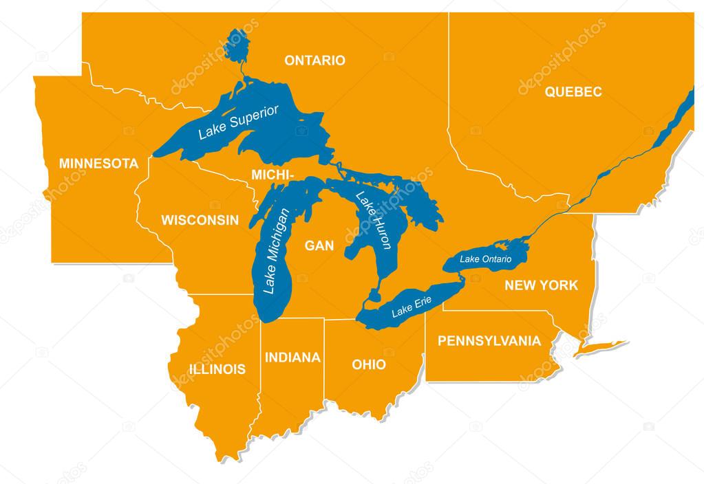 graphic of the North American great lakes and their neighboring states